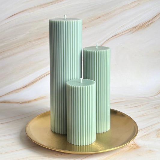 Large Sage Green Tall Ribbed Scented Pillar Candles - Handmade Home Decor