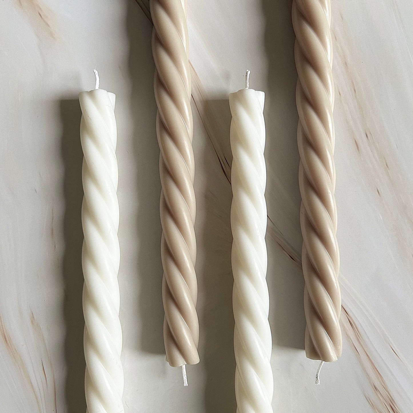 Pair of 26cm Tall Thin Spiral Tapered Candle Sticks -  Decorative Handmade Home Accessories - Neutral Aesthetic Decor Centrepiece - White and Beige