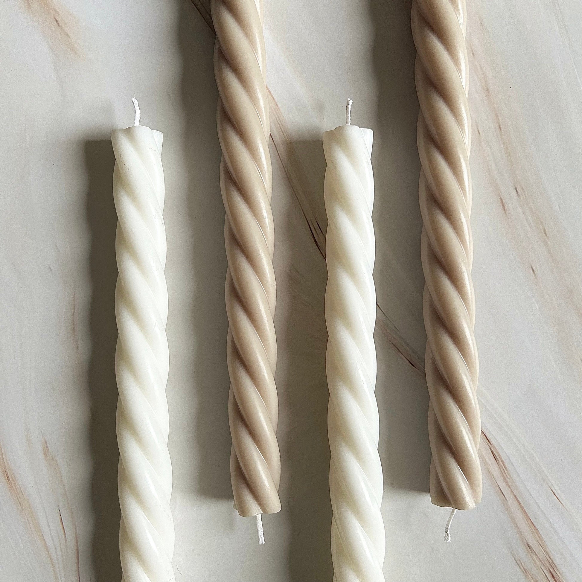 Pair of 26cm Tall Thin Spiral Tapered Candle Sticks -  Decorative Handmade Home Accessories - Neutral Aesthetic Decor Centrepiece - White and Beige