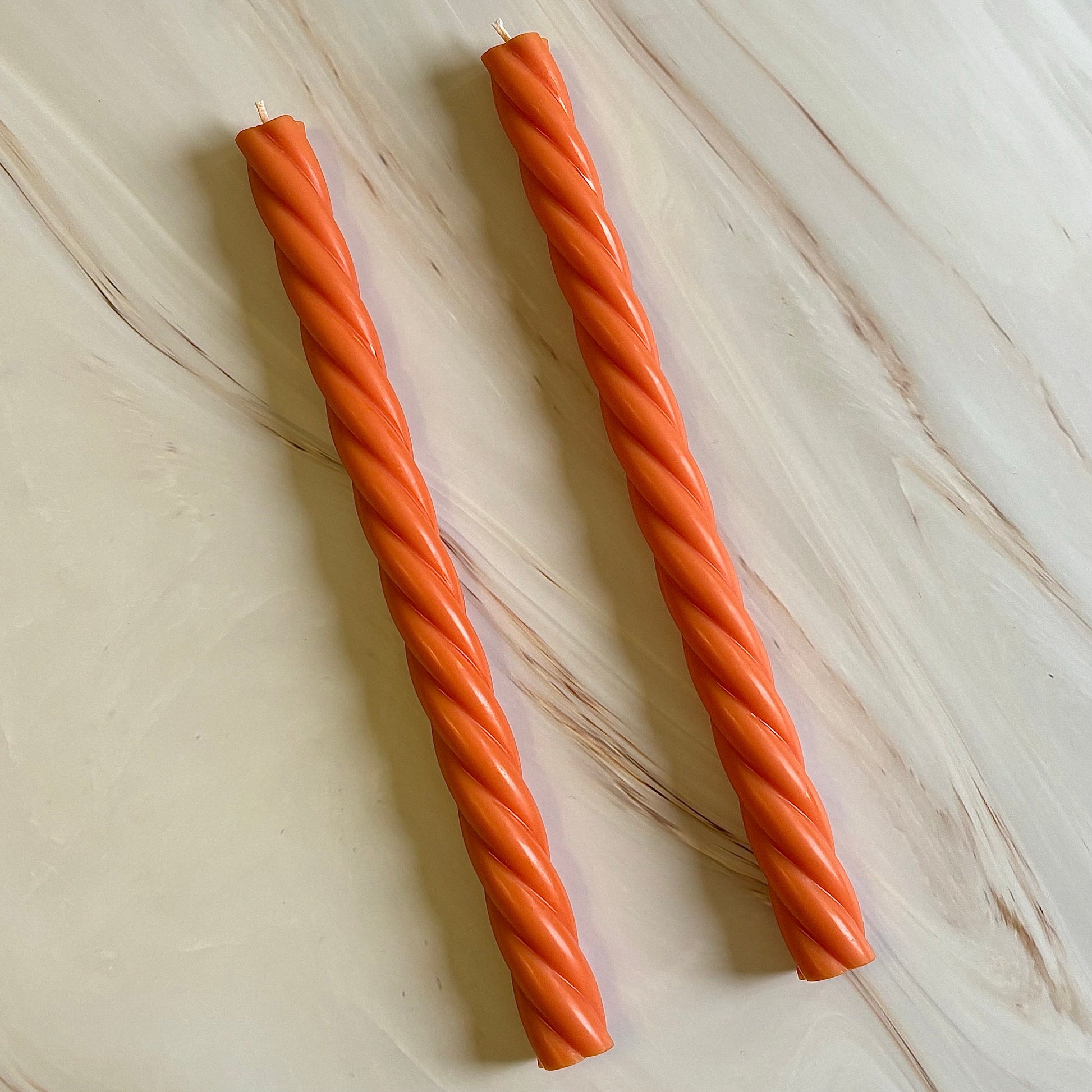 Orange Pair of 26cm Tall Thin Spiral Tapered Candle Sticks -  Decorative Handmade Home Accessories - Neutral Aesthetic Decor Centrepiece