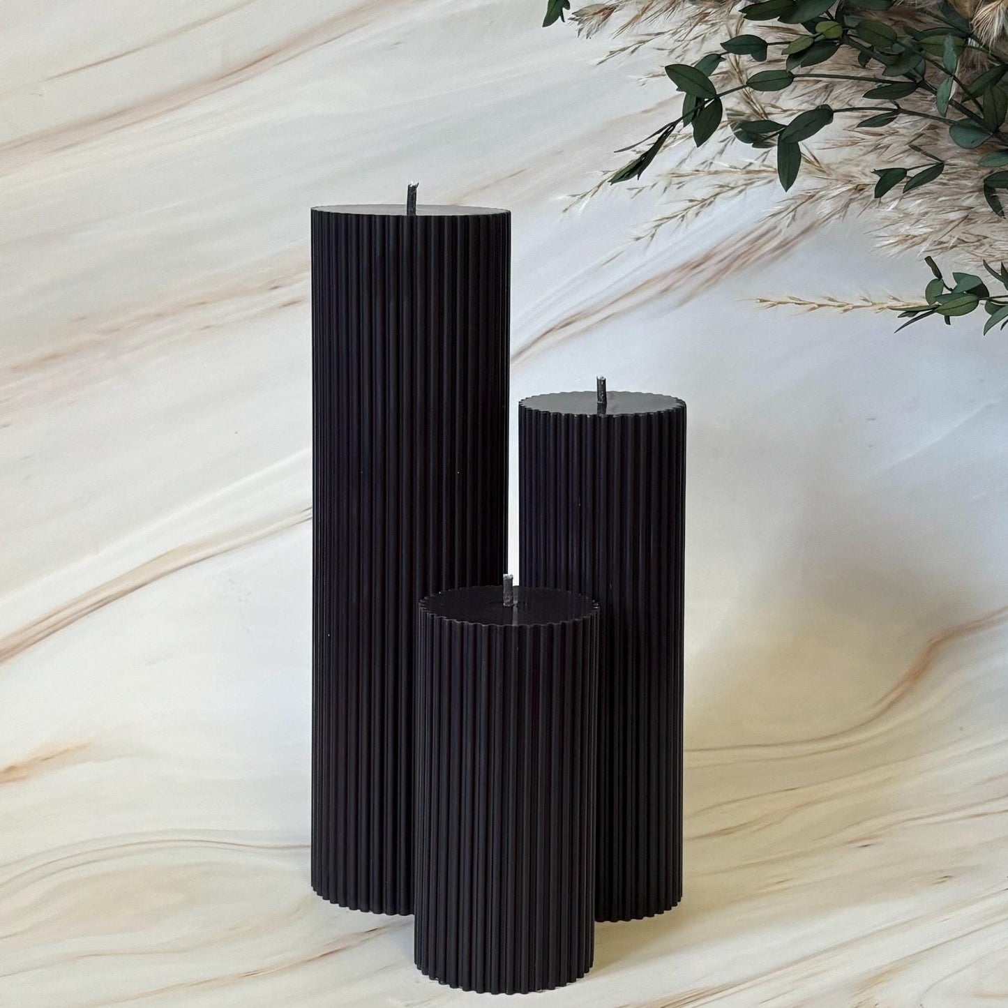 Large Black Scented Tall Ribbed Scented Pillar Candles - Handmade Home Decor