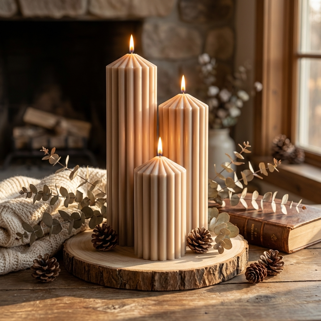a cozy and warm atmosphere with three tall, cylindrical candles with a warm, beige color, placed on a wooden surface. The candles are surrounded by pine cones and greenery, creating a rustic and inviting scene. In the background, there is a fireplace, adding to the warm and inviting ambiance of the space.