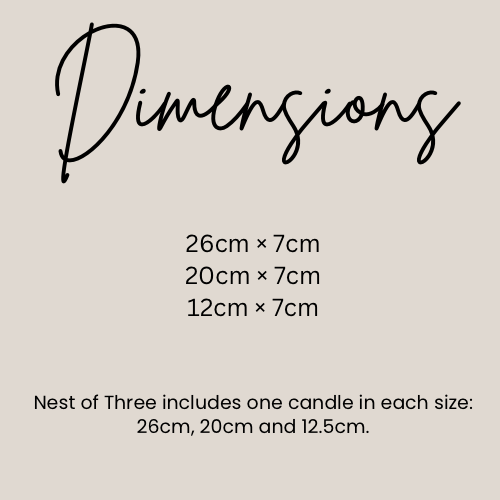 text and numbers providing dimensions for a set of three candles in different sizes, ranging from 26cm to 12.5cm.