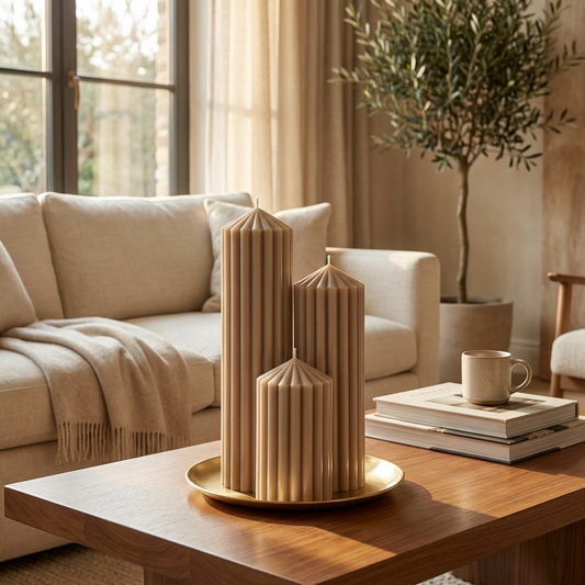 a cozy living room with a wooden coffee table in the center, adorned with three tall, cylindrical candles in a beige color. The table is set with a stack of books and a coffee mug, creating a warm and inviting atmosphere. In the background, there is a comfortable couch and a potted plant, adding to the overall aesthetic of the space.