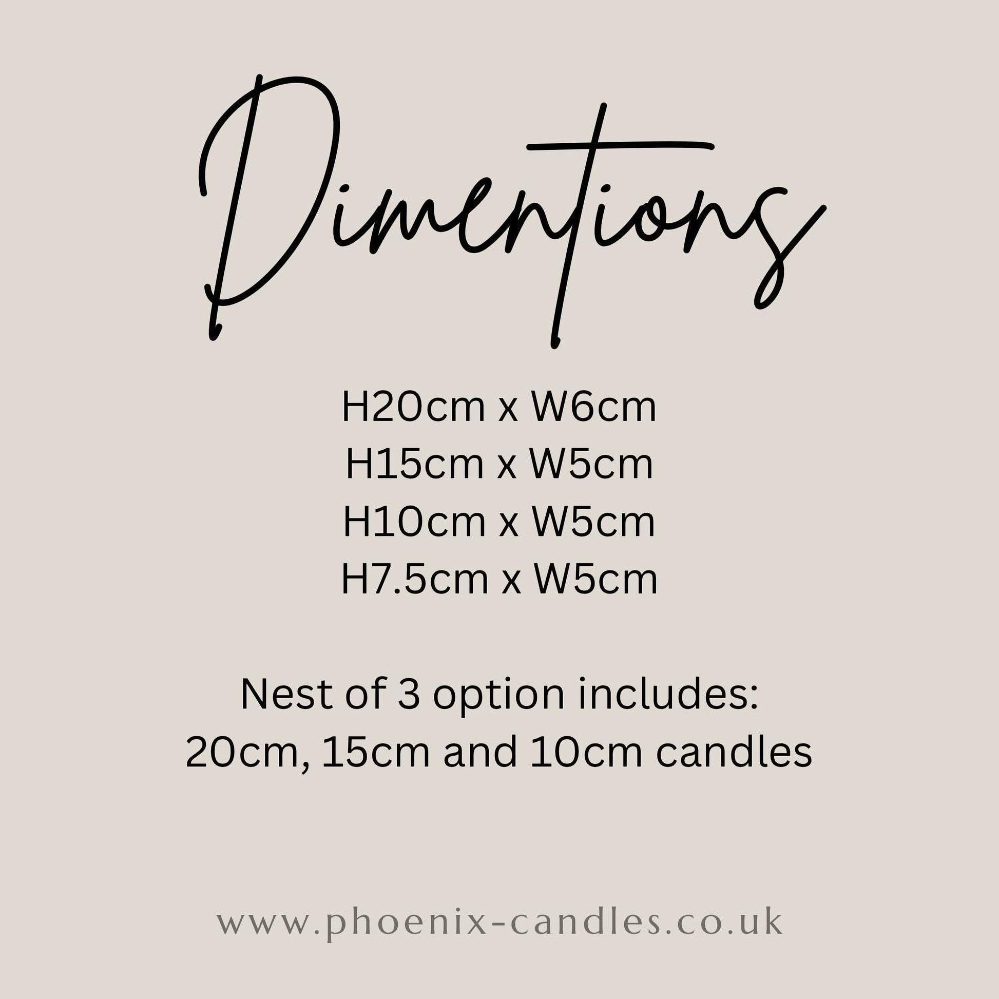 text and numbers that provide dimensions and options for candles.