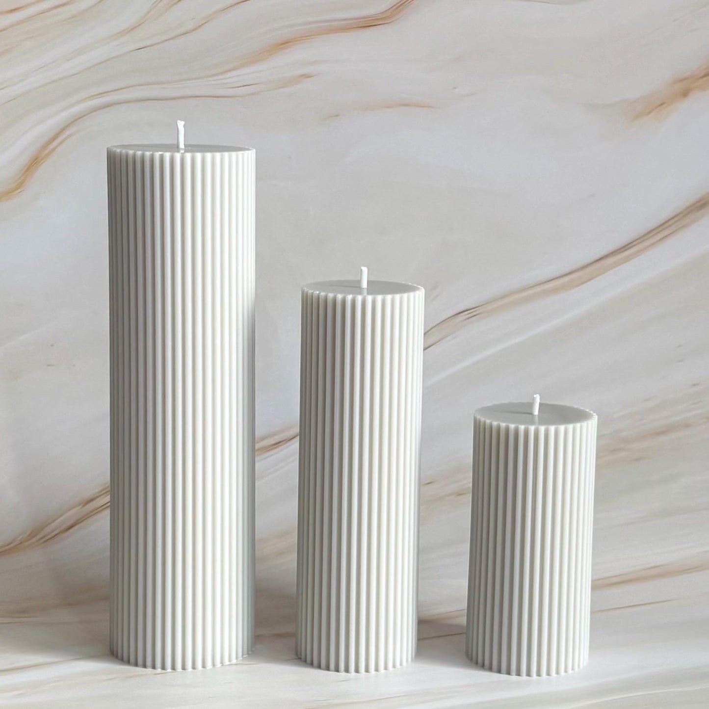 Pebble Grey Coloured Tall Ribbed Scented Pillar Candles - Handmade Home Decor