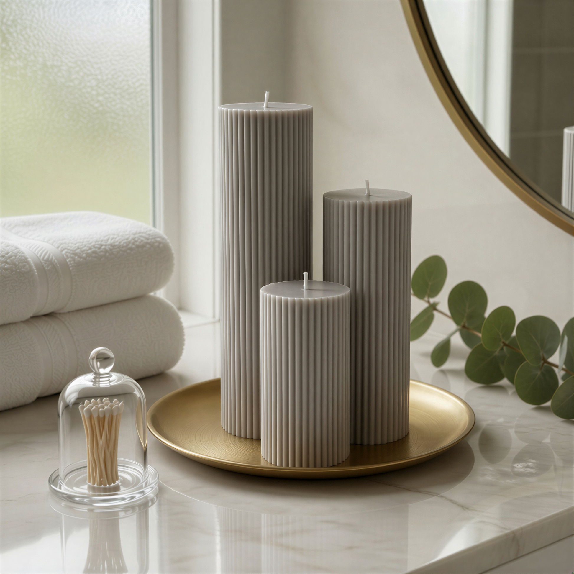 a bathroom counter with three cylindrical candles in a row, a glass dome with toothpicks, and a stack of white towels.