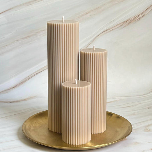 Beige Tall Ribbed Scented Pillar Candles - Handmade Home Decor