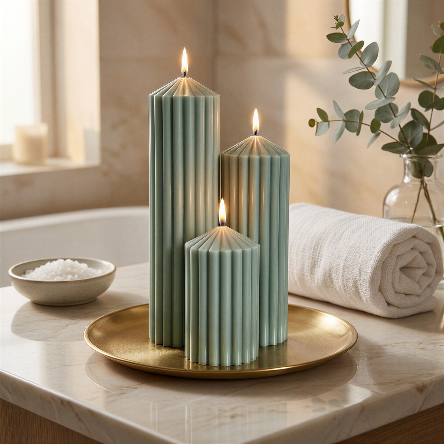 a bathroom counter with three green candles in a row, a bowl of white salt, and a vase with greenery.